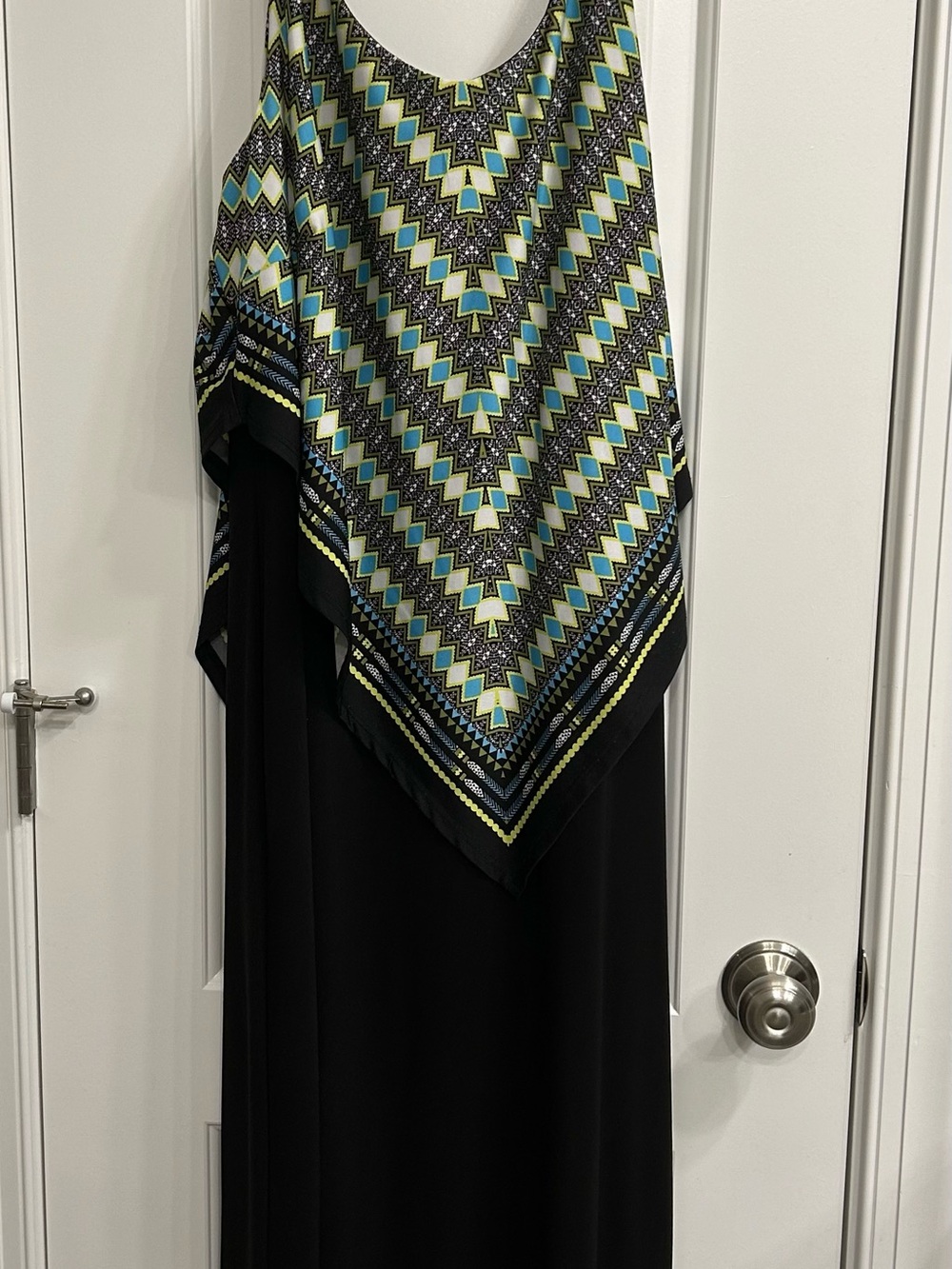 Soho Apparel Black Maxi Dress with Aqua and Lime Geometric Print